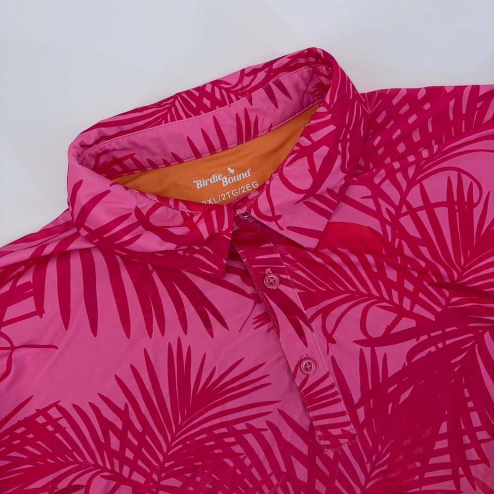 Birdie Bound Mens 2XL Pink Orange Tropical Palm Print Performance Golf Polo